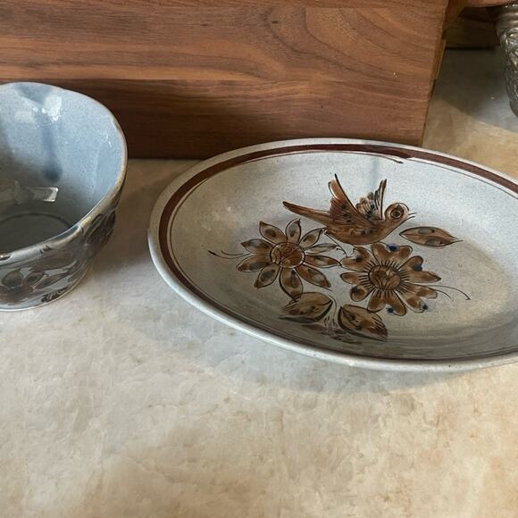 Tonala Mexico small pottery platter and bowl - Picture 2 of 12